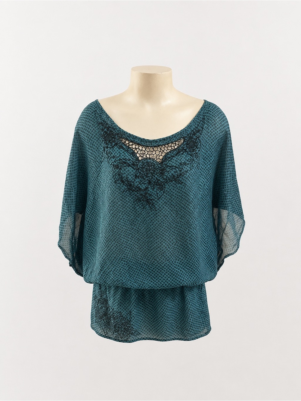 Free People Teal Lace Embroidered Boho Tunic Mini Dress L